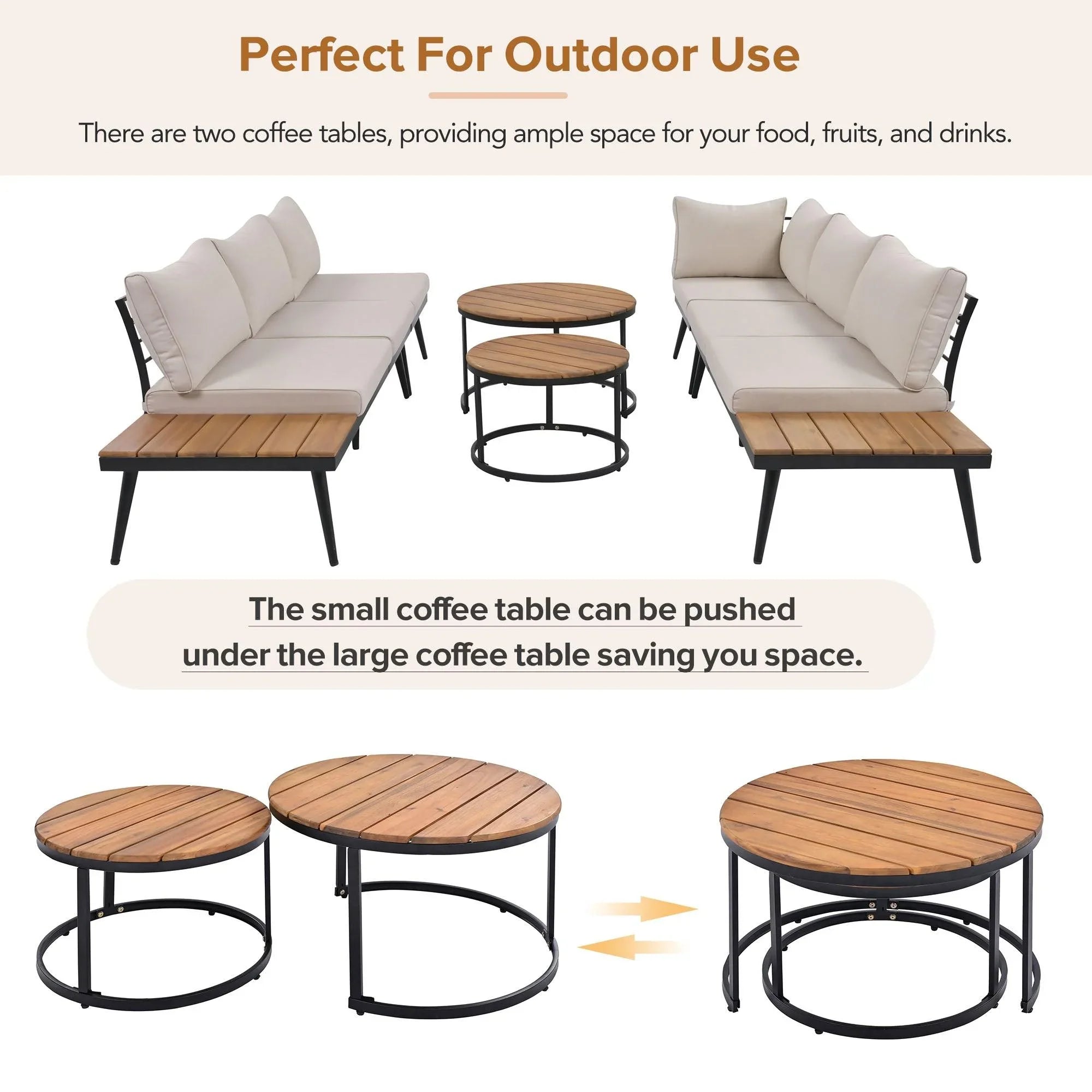 Conjunto de 6 sofás seccionales para exterior con mesas de centro redondas apilables y sofá con cojines para patio, porche y jardín.