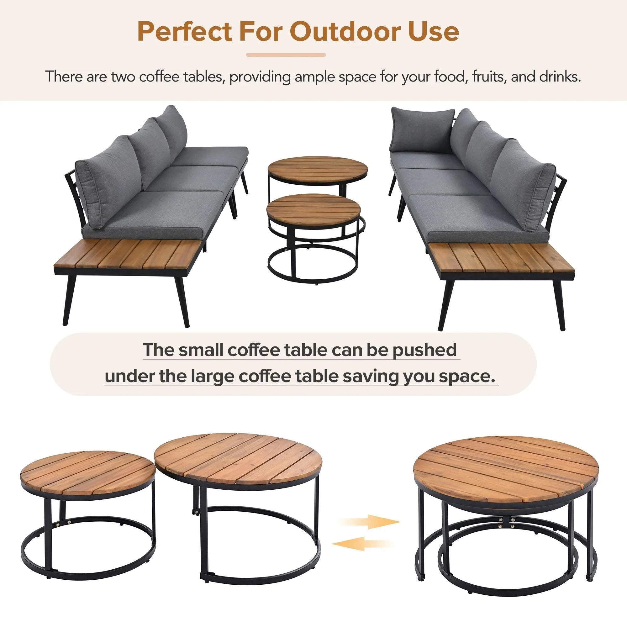 Conjunto de 6 sofás seccionales para exterior con mesas de centro redondas apilables y sofá con cojines para patio, porche y jardín.