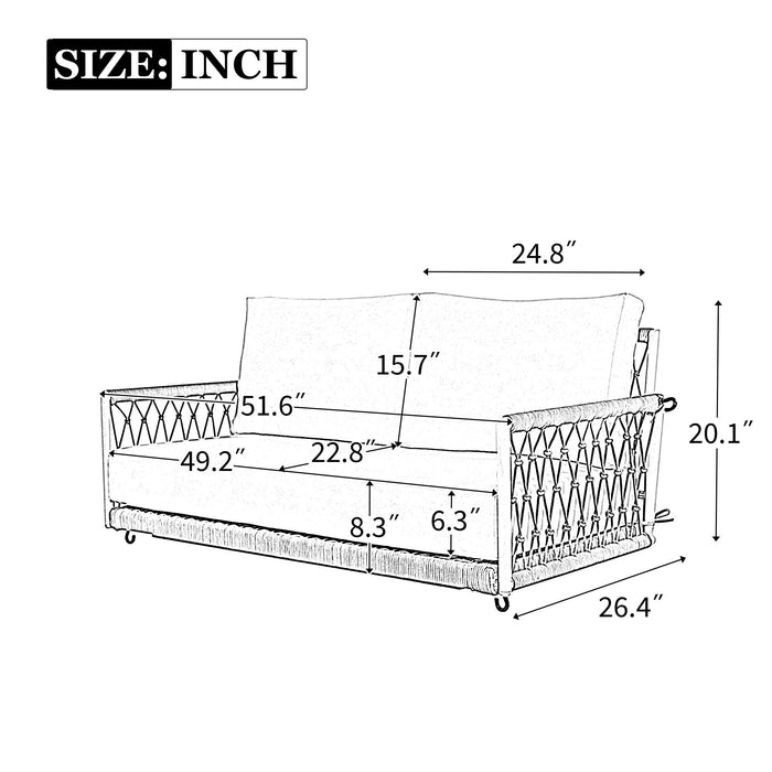 Sofá columpio de exterior de cuerda tejida de una pieza con cojines suaves, capacidad para 2 personas, para patio, jardín y balcón.