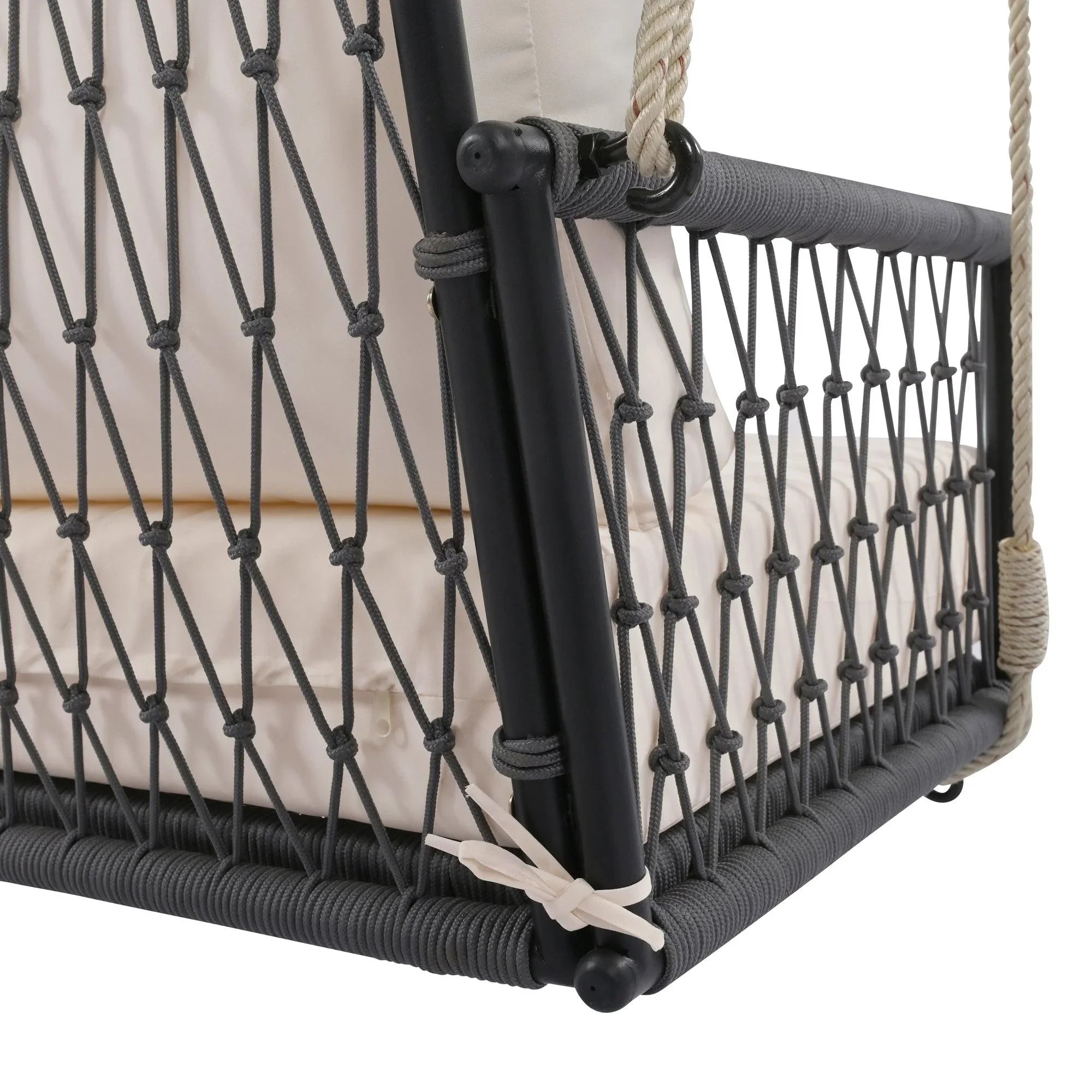 Sofá columpio de exterior de cuerda tejida de una pieza con cojines suaves, capacidad para 2 personas, para patio, jardín y balcón.