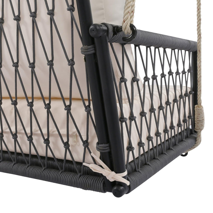 Sofá columpio de exterior de cuerda tejida de una pieza con cojines suaves, capacidad para 2 personas, para patio, jardín y balcón.