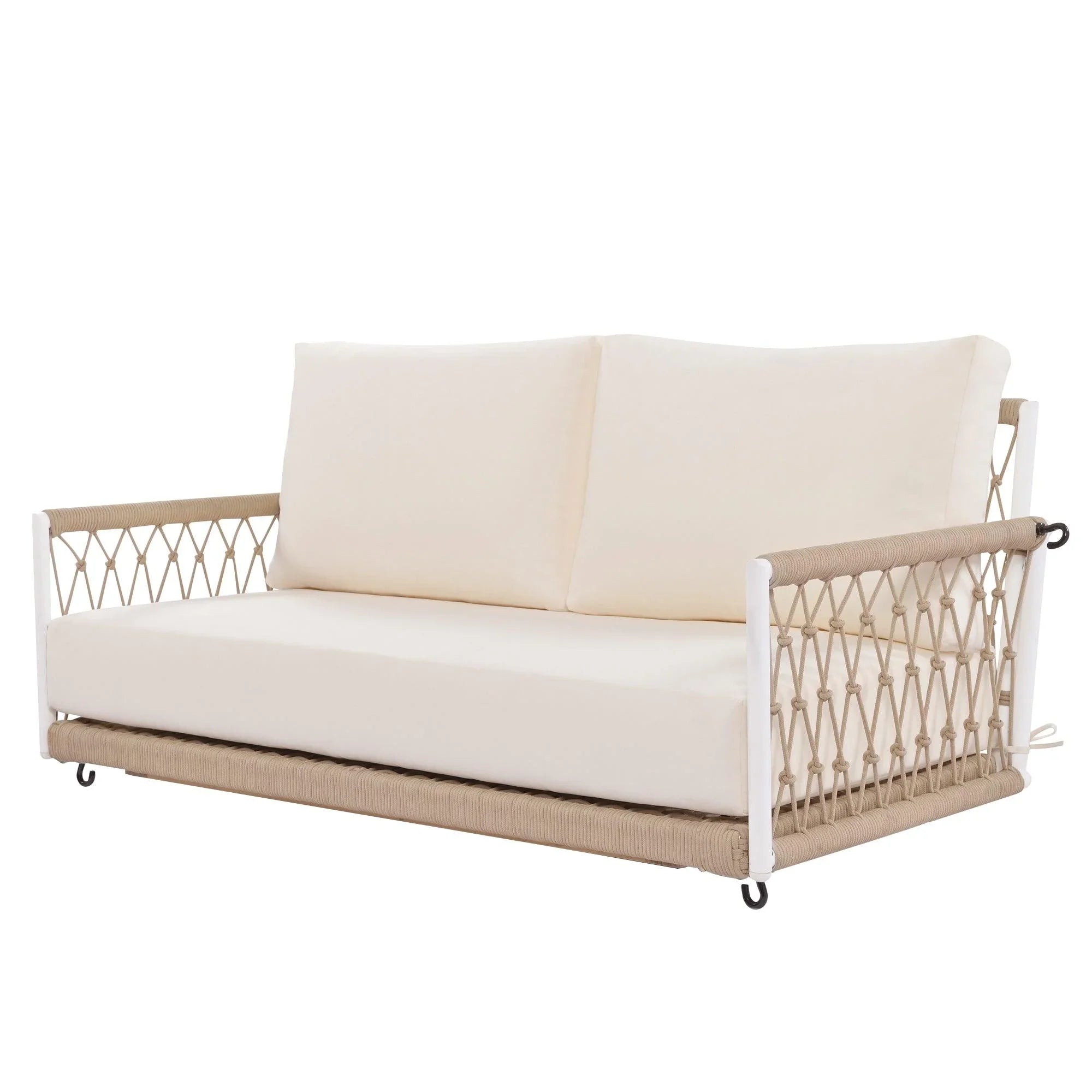 Sofá columpio de exterior de cuerda tejida de una pieza con cojines suaves, capacidad para 2 personas, para patio, jardín y balcón.