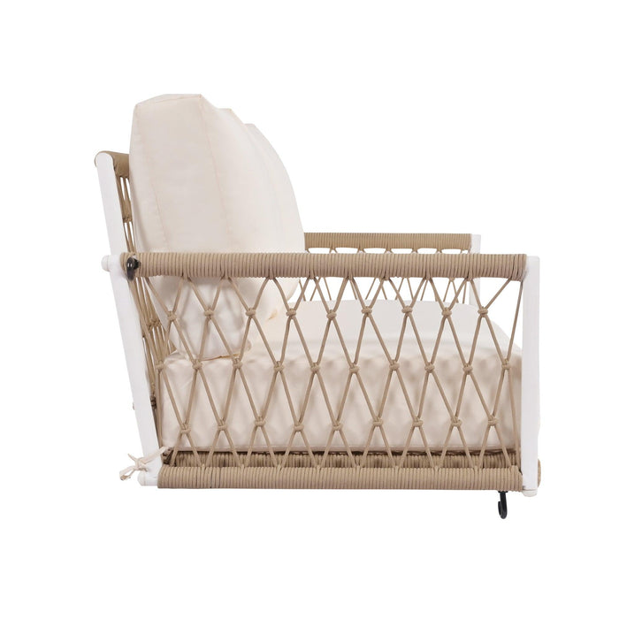 Sofá columpio de exterior de cuerda tejida de una pieza con cojines suaves, capacidad para 2 personas, para patio, jardín y balcón.