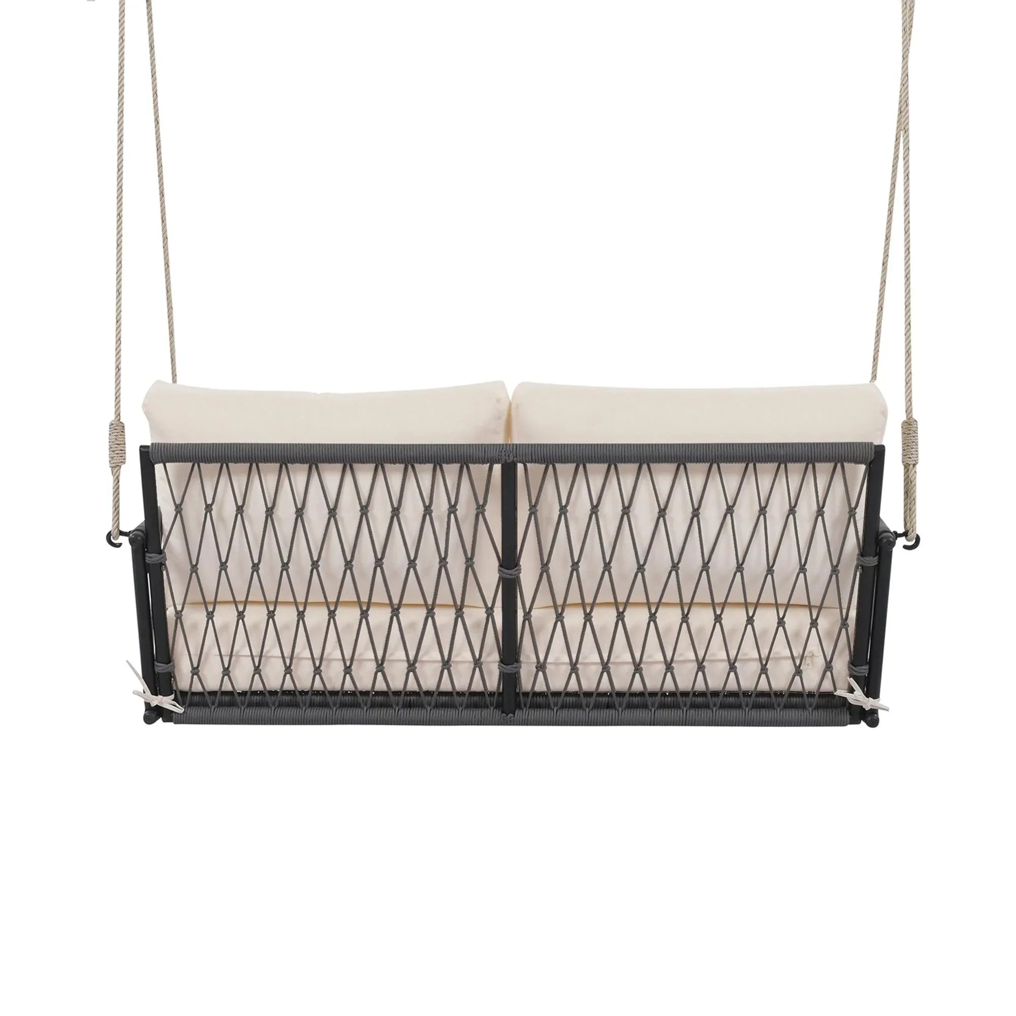 Sofá columpio de exterior de cuerda tejida de una pieza con cojines suaves, capacidad para 2 personas, para patio, jardín y balcón.