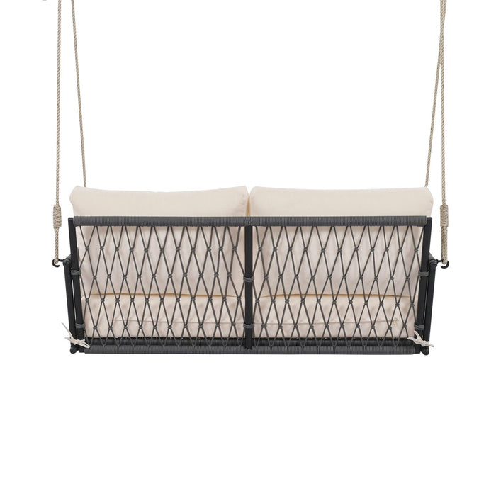 Sofá columpio de exterior de cuerda tejida de una pieza con cojines suaves, capacidad para 2 personas, para patio, jardín y balcón.