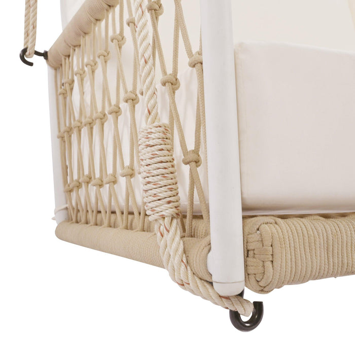 Sofá columpio de exterior de cuerda tejida de una pieza con cojines suaves, capacidad para 2 personas, para patio, jardín y balcón.