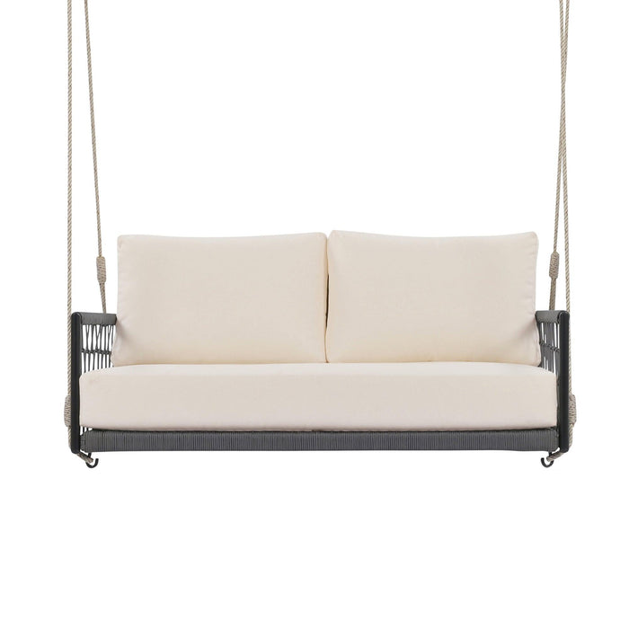 Sofá columpio de exterior de cuerda tejida de una pieza con cojines suaves, capacidad para 2 personas, para patio, jardín y balcón.