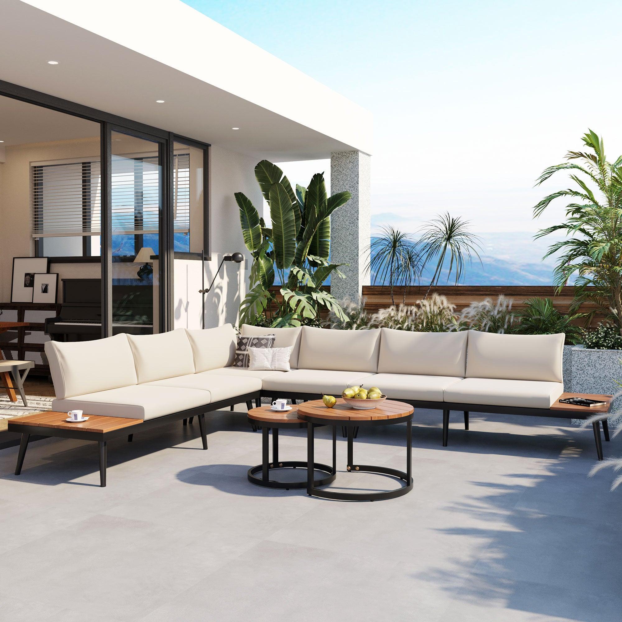 Conjunto de 6 sofás seccionales para exterior con mesas de centro redondas apilables y sofá con cojines para patio, porche y jardín.