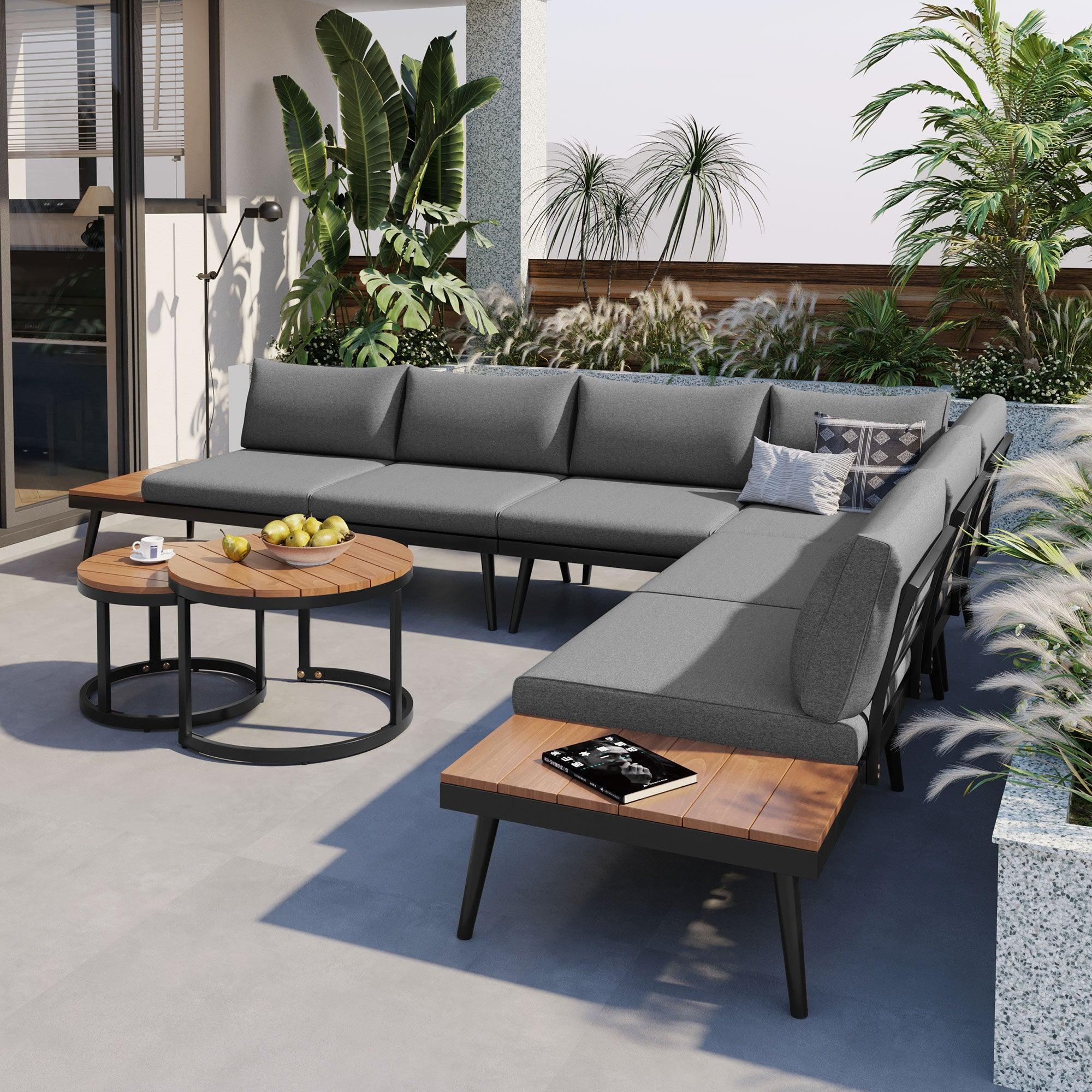 Conjunto de 6 sofás seccionales para exterior con mesas de centro redondas apilables y sofá con cojines para patio, porche y jardín.
