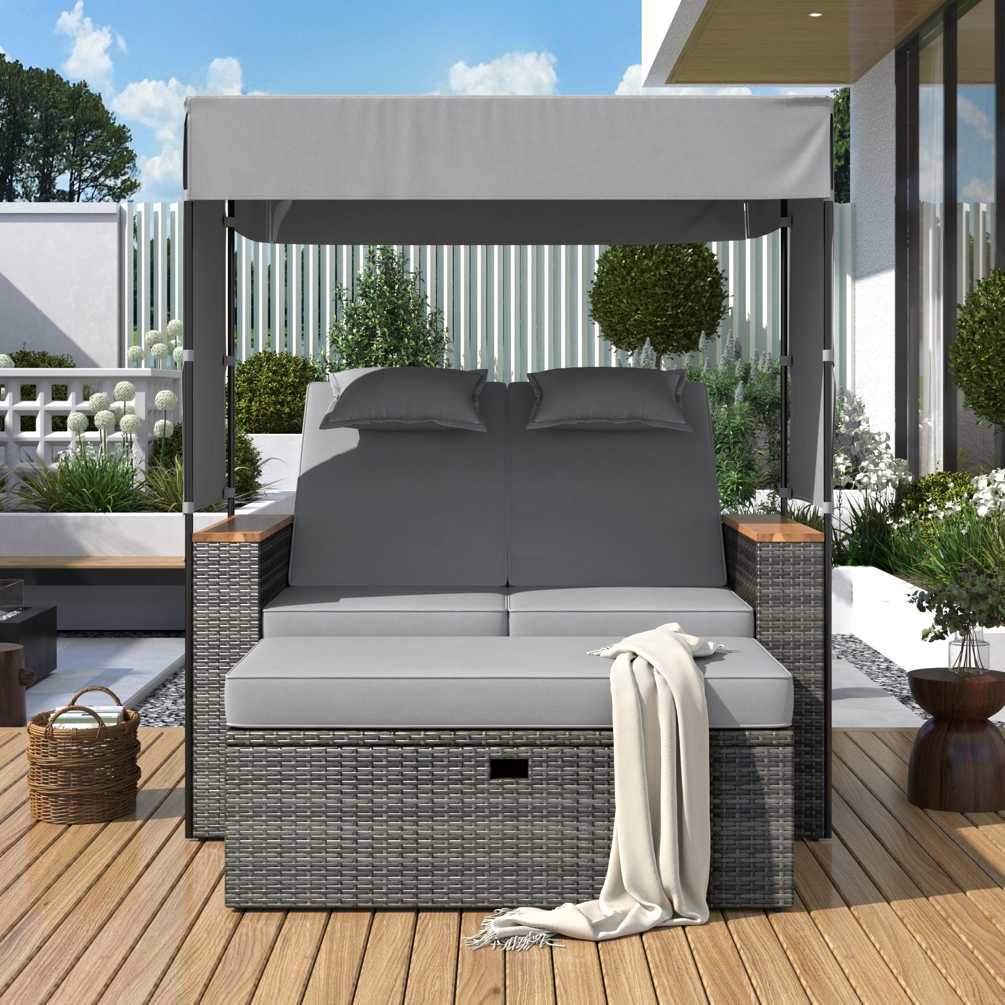 Juego de 2 camas de ratán para exteriores con banco, tumbona y cojines para piscina, jardín y patio.