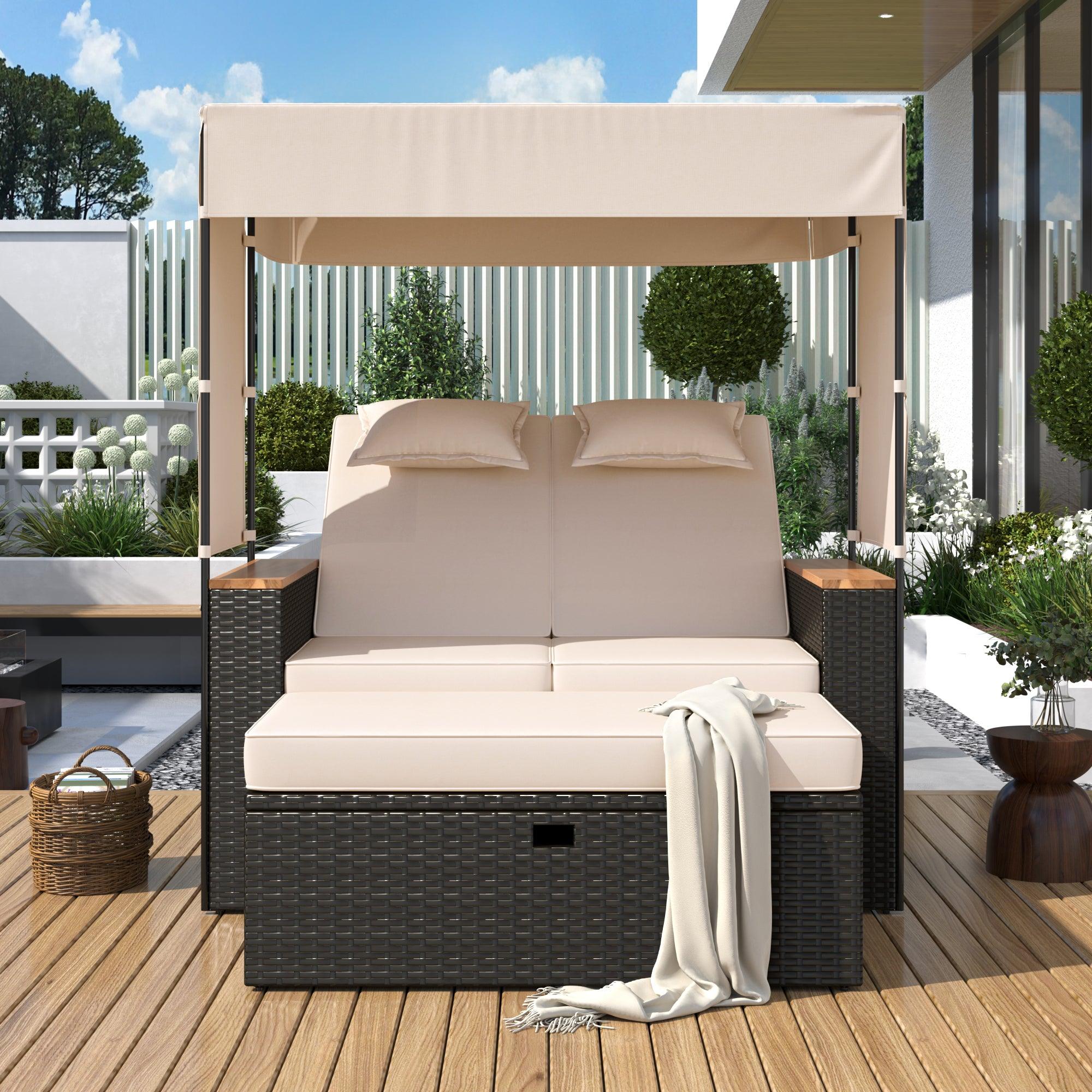 Juego de 2 camas de ratán para exteriores con banco, tumbona y cojines para piscina, jardín y patio.