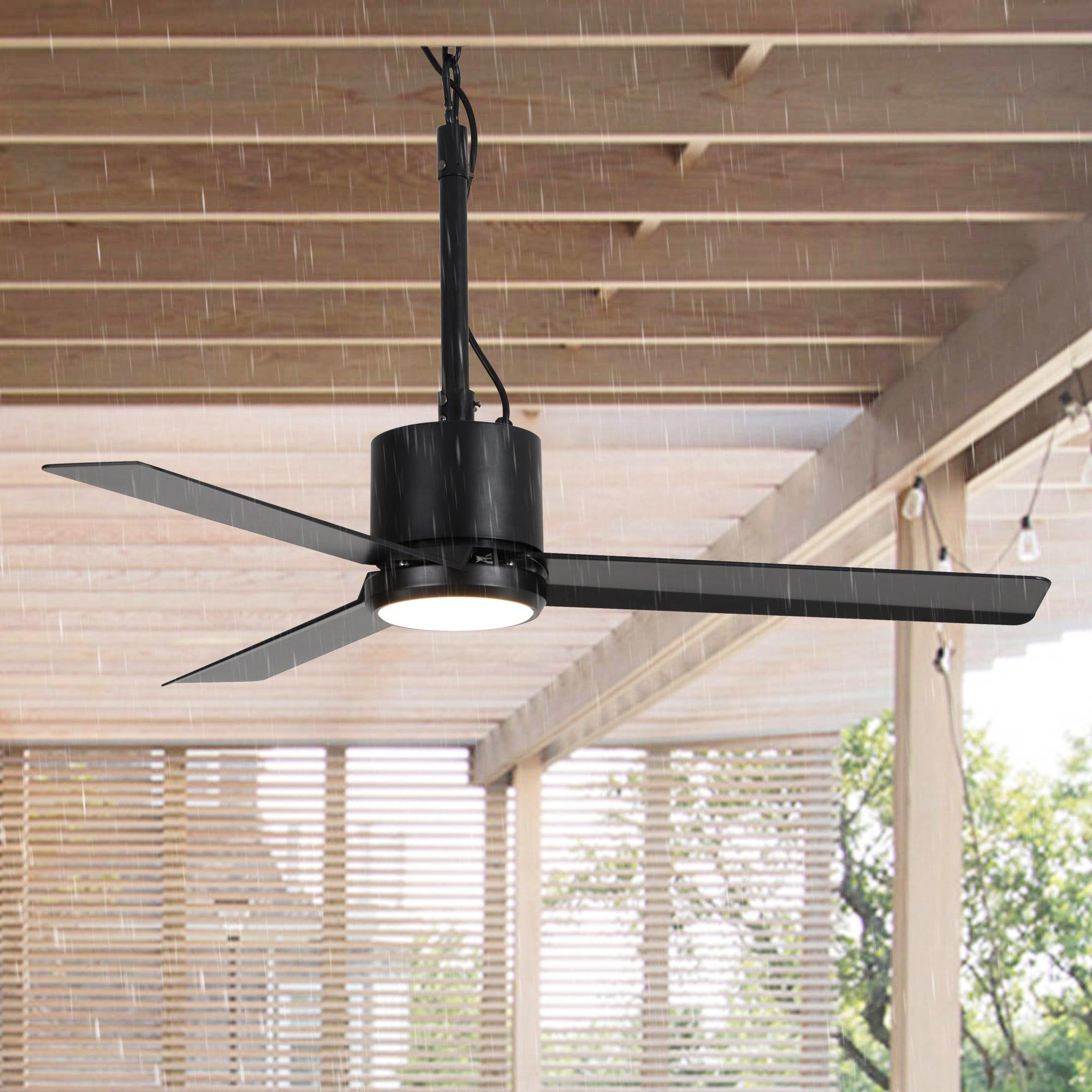 Ventilador de techo Rhine de 42 pulgadas para interiores y exteriores, resistente al agua, IP65, color negro, con luz LED y práctico gancho para colgar.