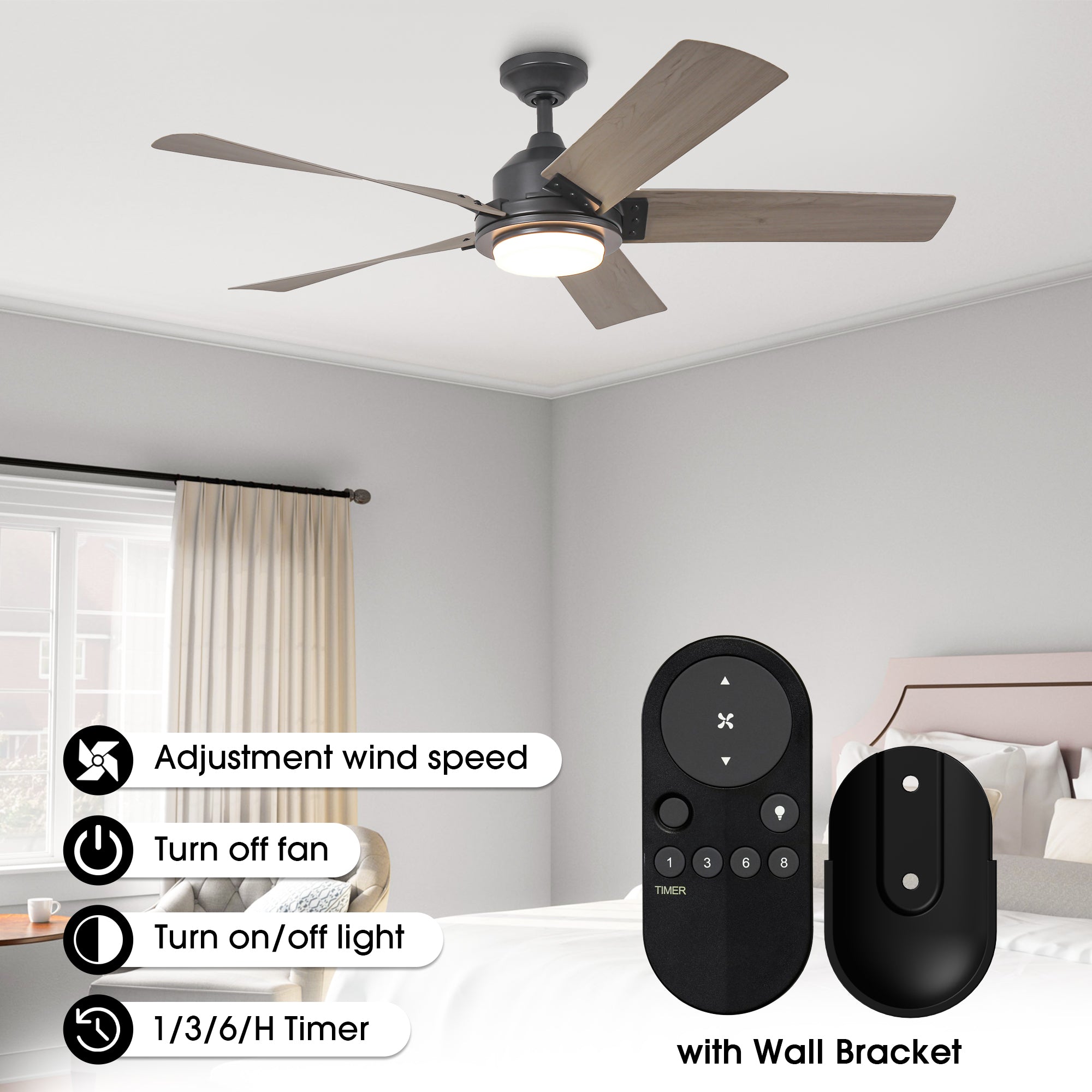 Modern ceiling fan with wood-finish blades and integrated light in a bedroom setting.