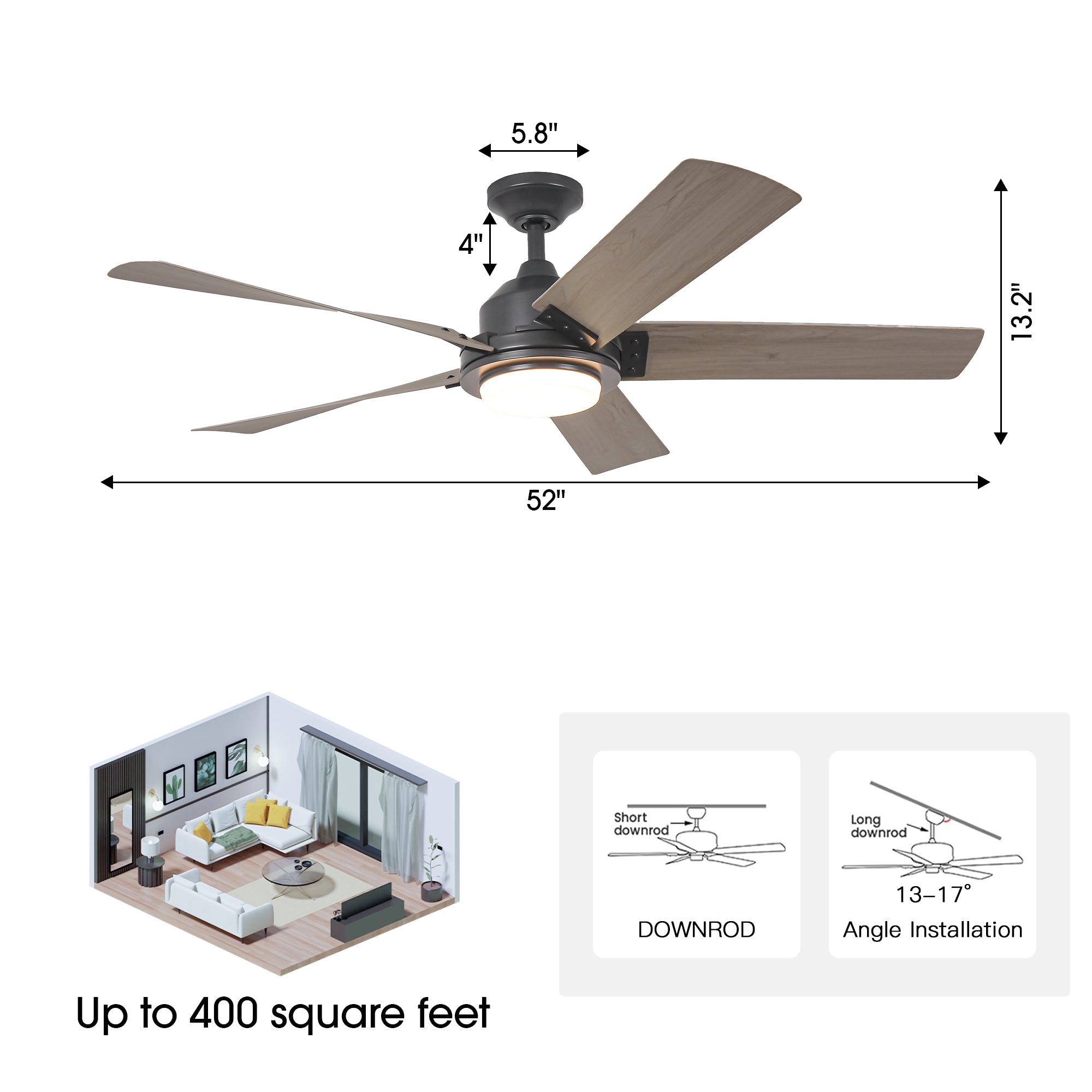 52-inch ceiling fan with dimensions and installation options for downrods and angled ceilings.