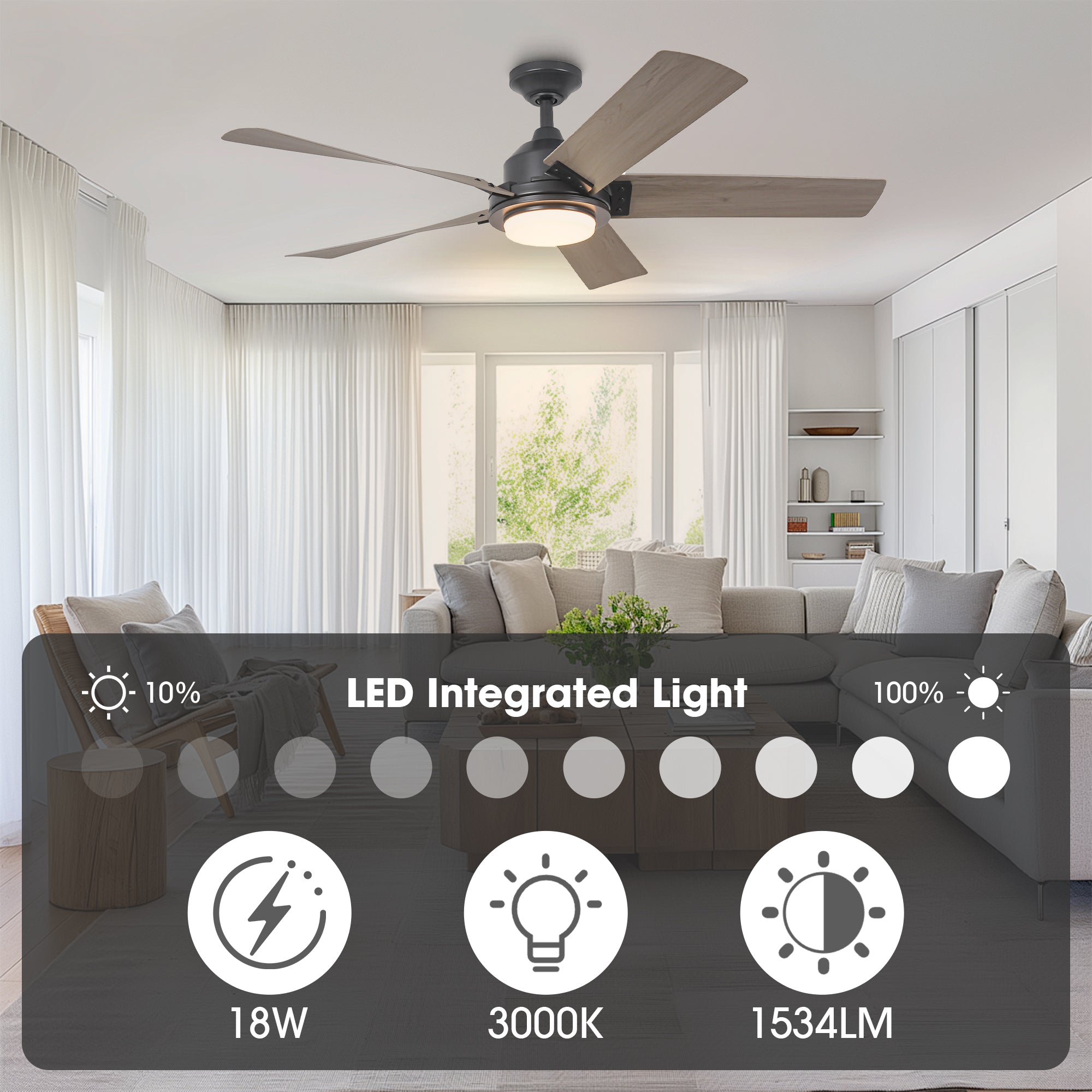 Modern ceiling fan with integrated LED light in a minimalist living room.