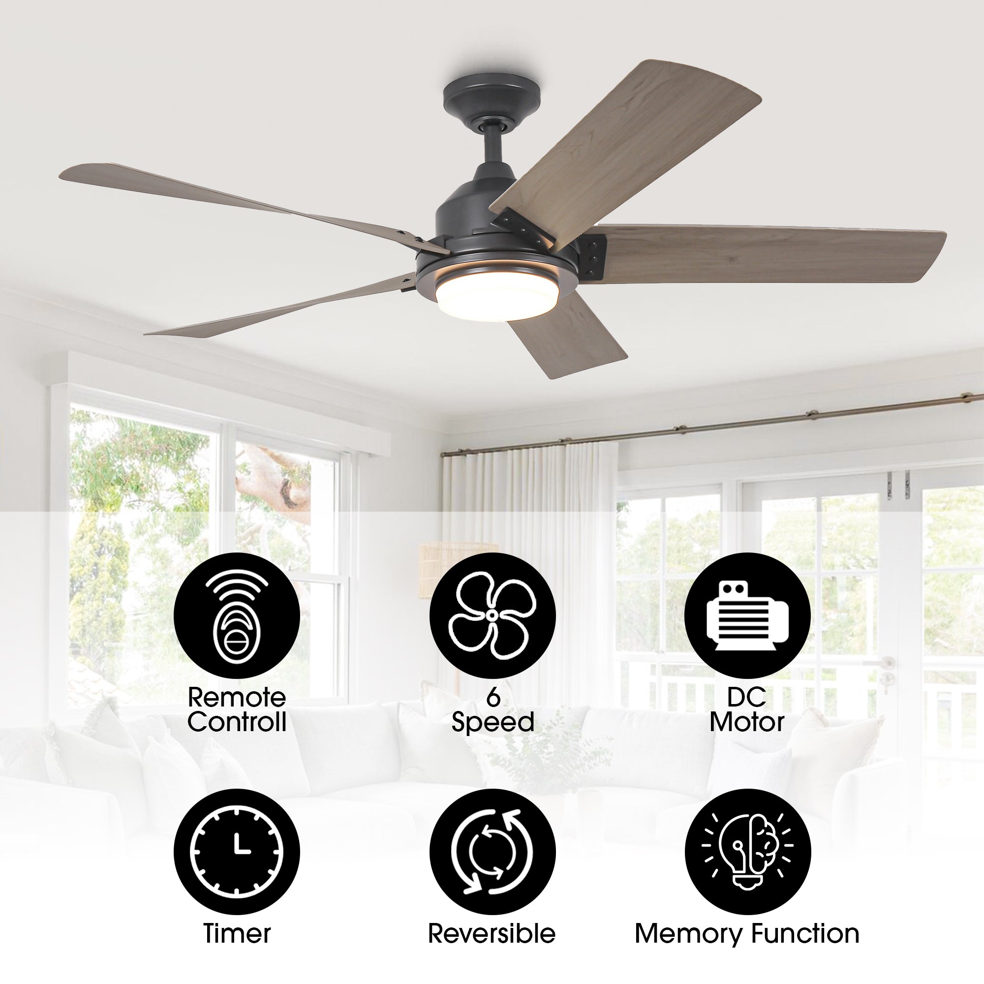 Modern 5-blade ceiling fan with integrated LED light and feature icons.