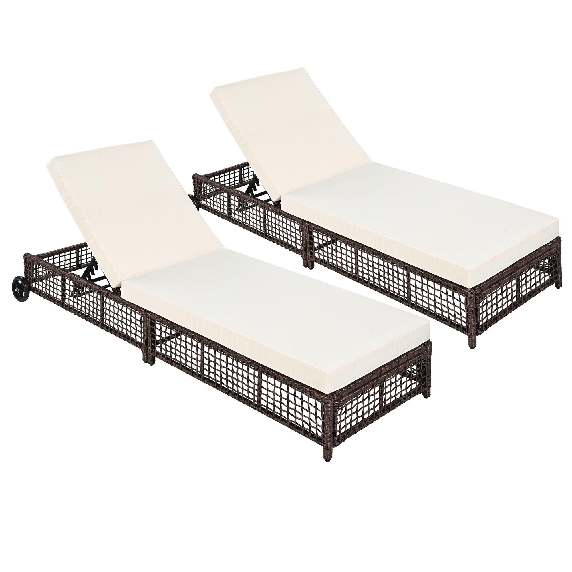 Sillón de exterior, tumbona de patio con respaldo de 5 posiciones, sillón de ratán con cojín y ruedas para piscina, patio y jardín.