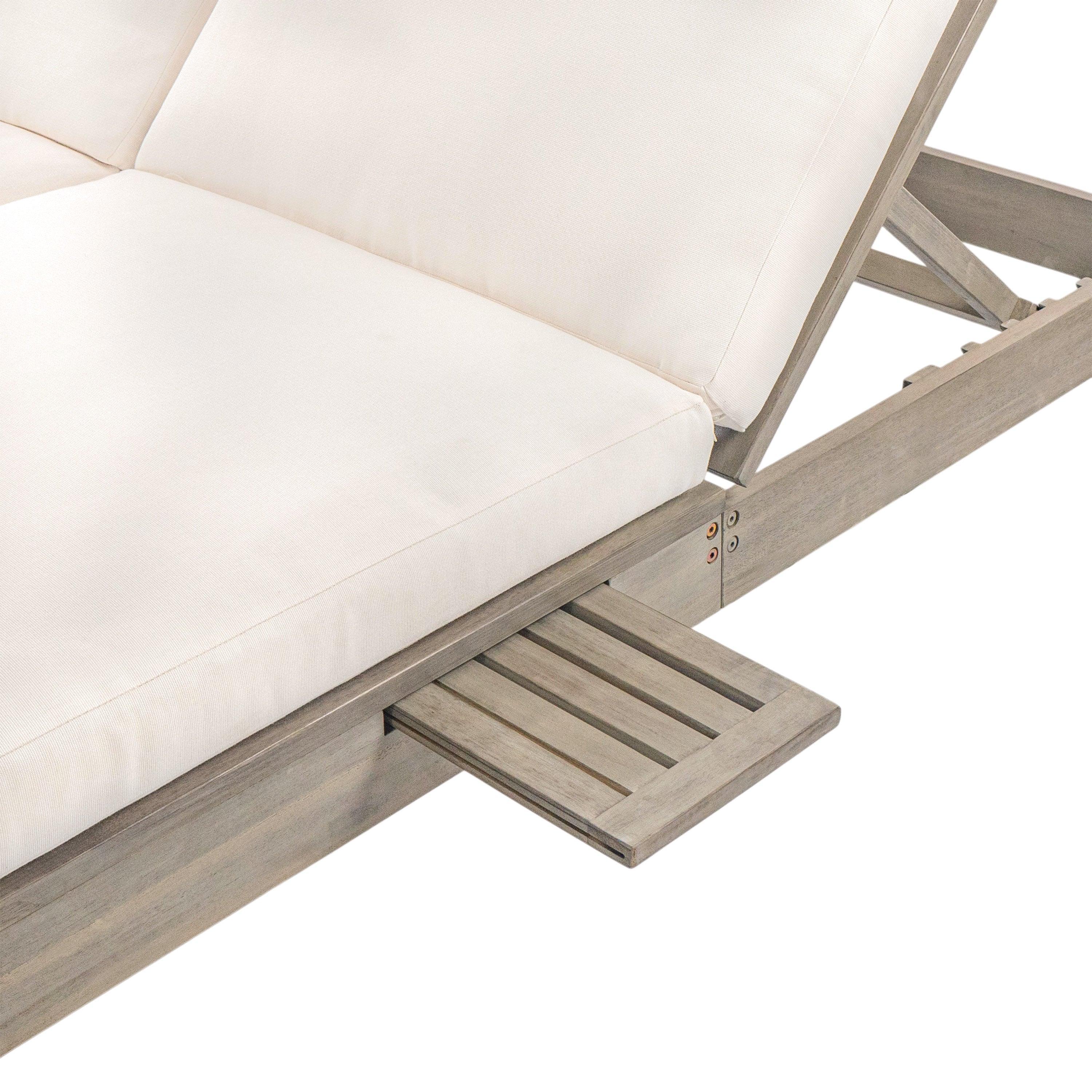 Chaise longue de exterior con respaldo ajustable en 5 posiciones, cojín y bandejas laterales plegables para 2 personas, ideal para jardín junto a la piscina.
