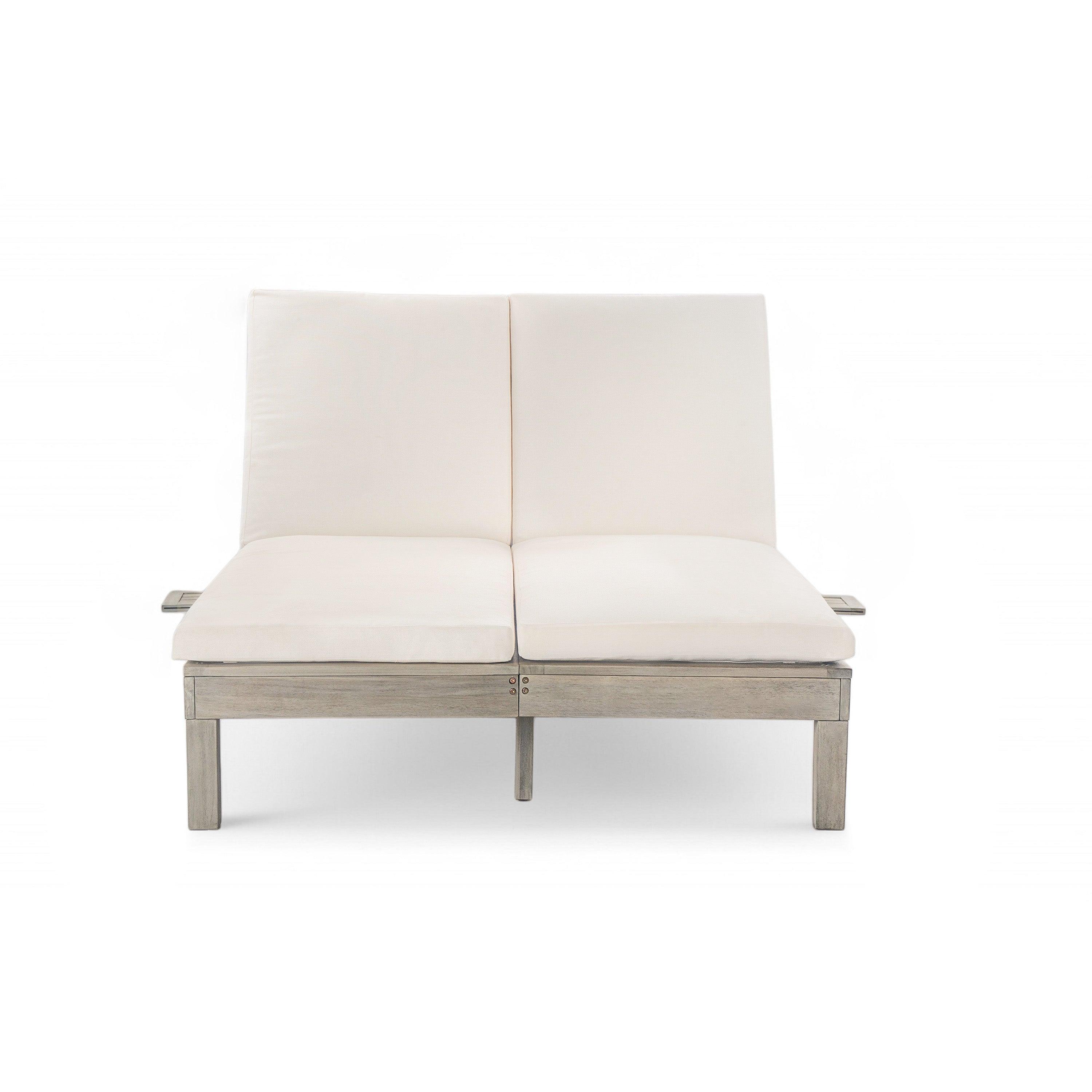 Chaise longue de exterior con respaldo ajustable en 5 posiciones, cojín y bandejas laterales plegables para 2 personas, ideal para jardín junto a la piscina.