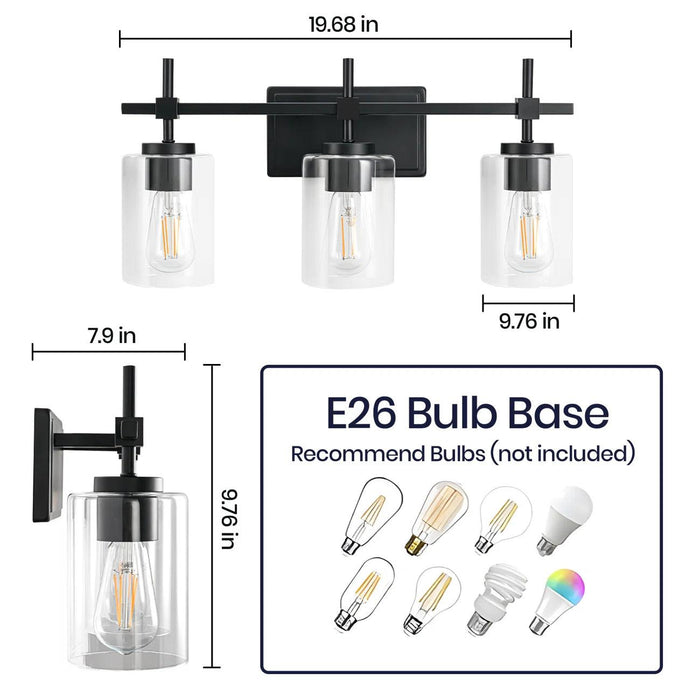Lámpara de tocador de baño moderna Jasper de 3 luces de vidrio transparente, negra y níquel