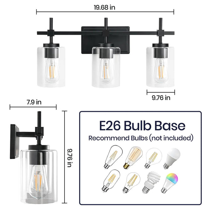 Jasper 3-Light Modern Clear Glass Bathroom Vanity Light, Black & Nickel