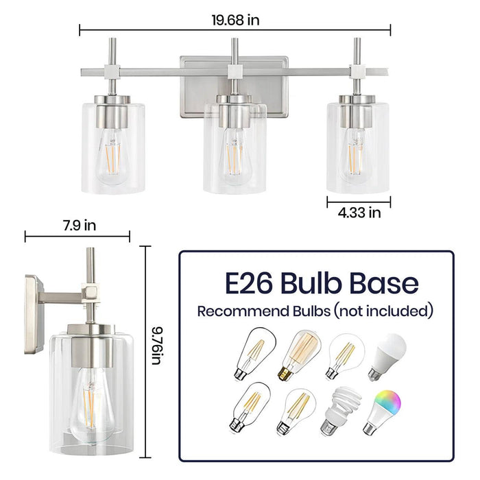 Lámpara de tocador de baño moderna Jasper de 3 luces de vidrio transparente, negra y níquel