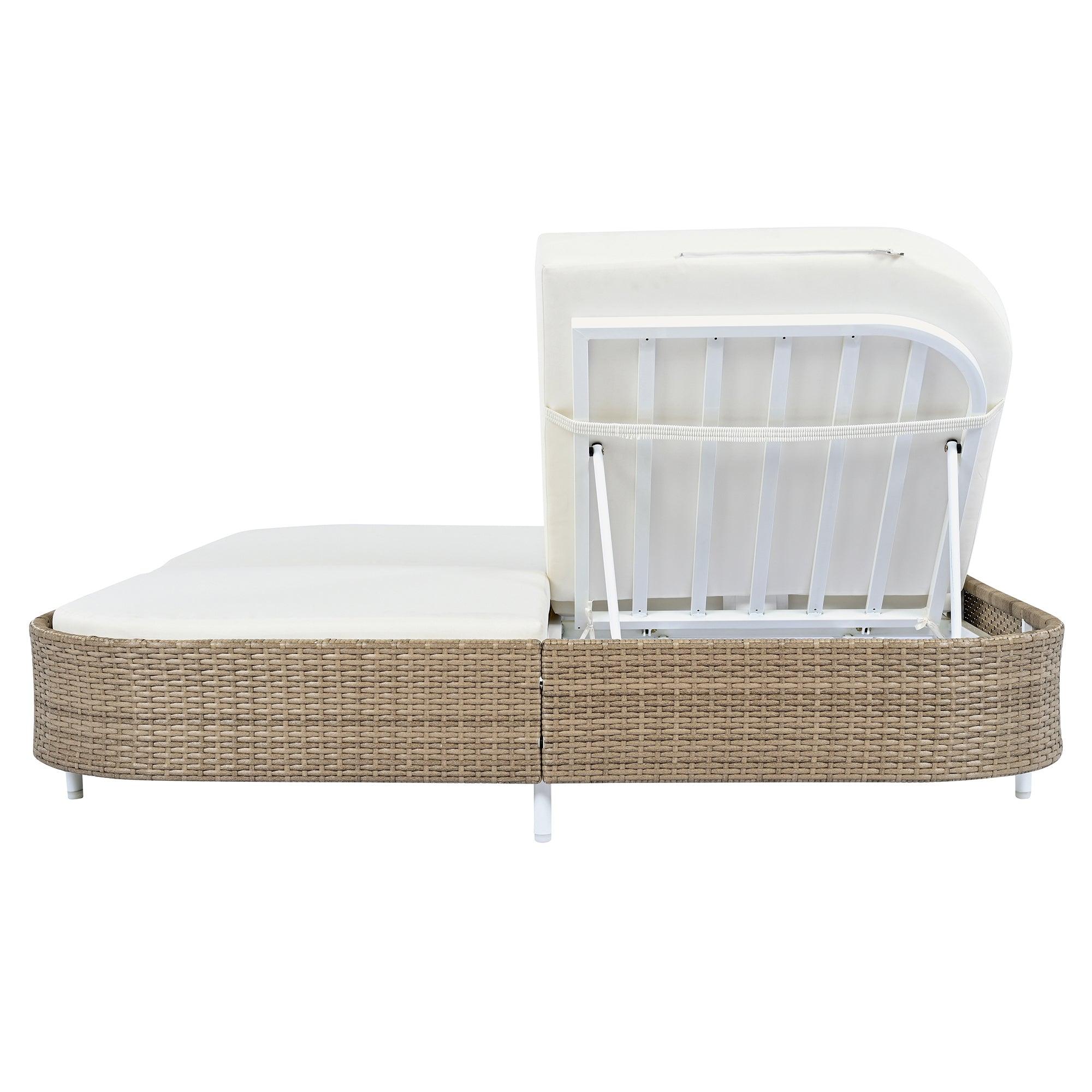 Tumbona de exterior de ratán con respaldo ajustable en 5 posiciones y cojines y almohadas extraíbles para jardín, patio y piscina.