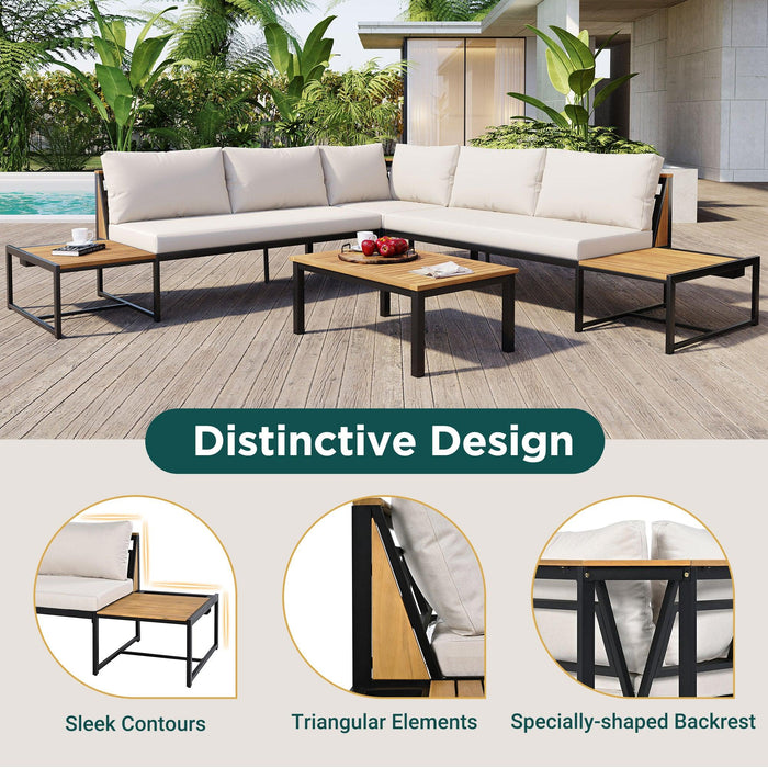 Juego de muebles de patio con sofás de dos plazas, 4 piezas de sofás de exterior con cojines impermeables, diseño duradero de hierro y madera para jardín, patio y piscina.
