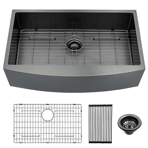 30*21*9" Kitchen Sink Black Single Bowl Kitchen Sink with Bottom Grid and Drain - ParrotUncle