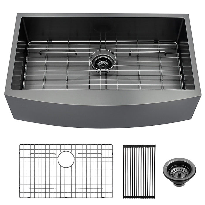 30*21*9" Kitchen Sink Black Single Bowl Kitchen Sink with Bottom Grid and Drain - ParrotUncle