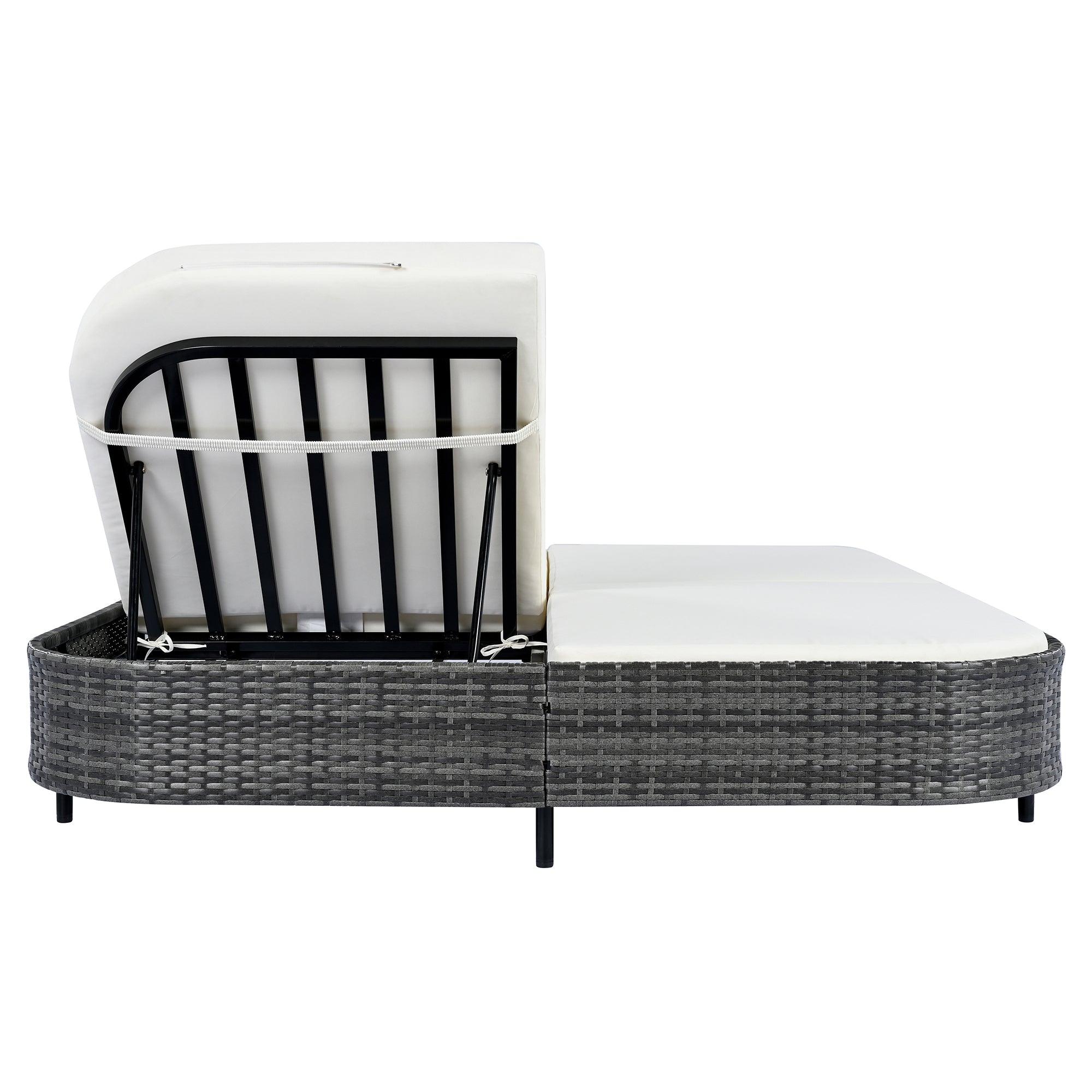 Tumbona de exterior de ratán con respaldo ajustable en 5 posiciones y cojines y almohadas extraíbles para jardín, patio y piscina.
