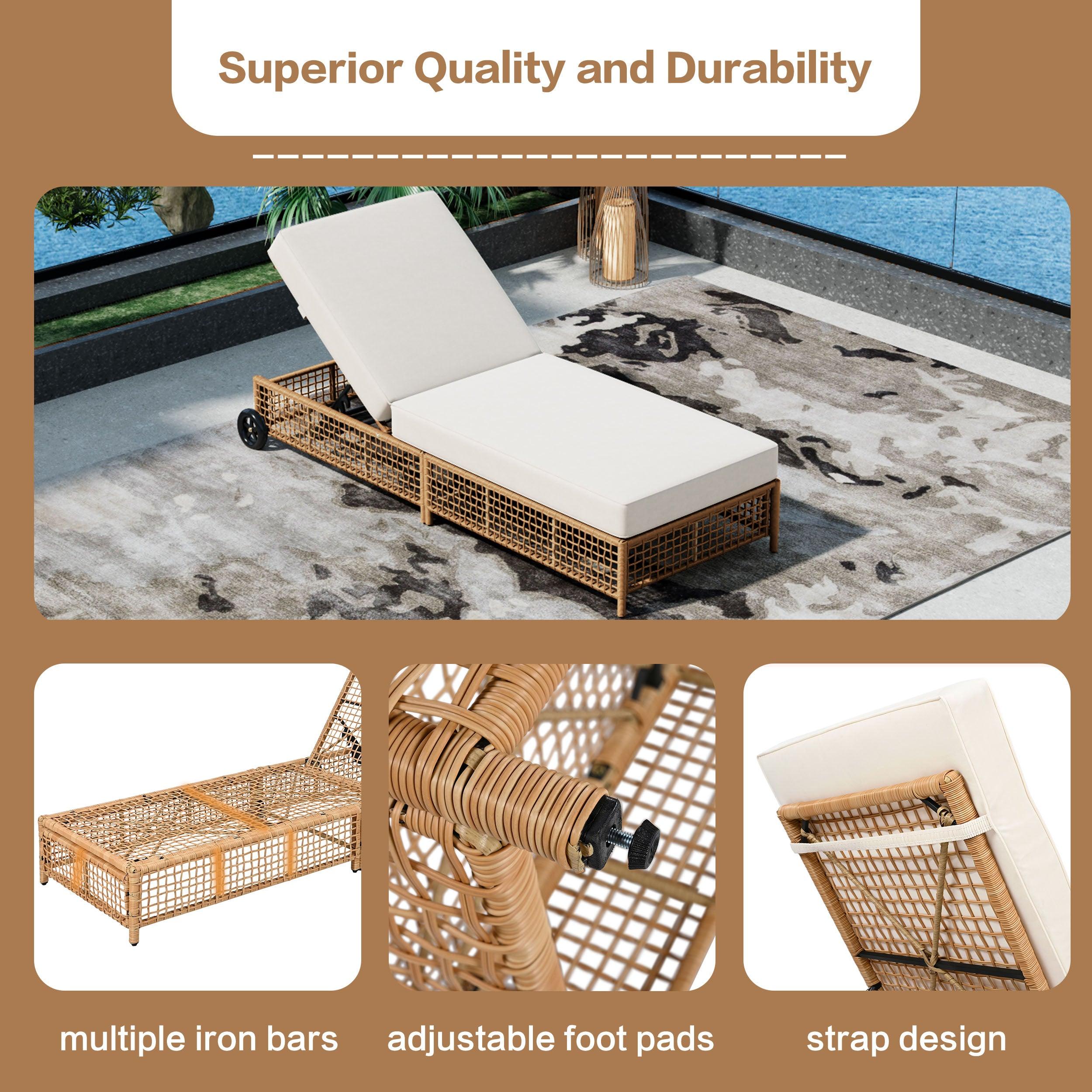 Sillón de exterior, tumbona de patio con respaldo de 5 posiciones, sillón de ratán con cojín y ruedas para piscina, patio y jardín.