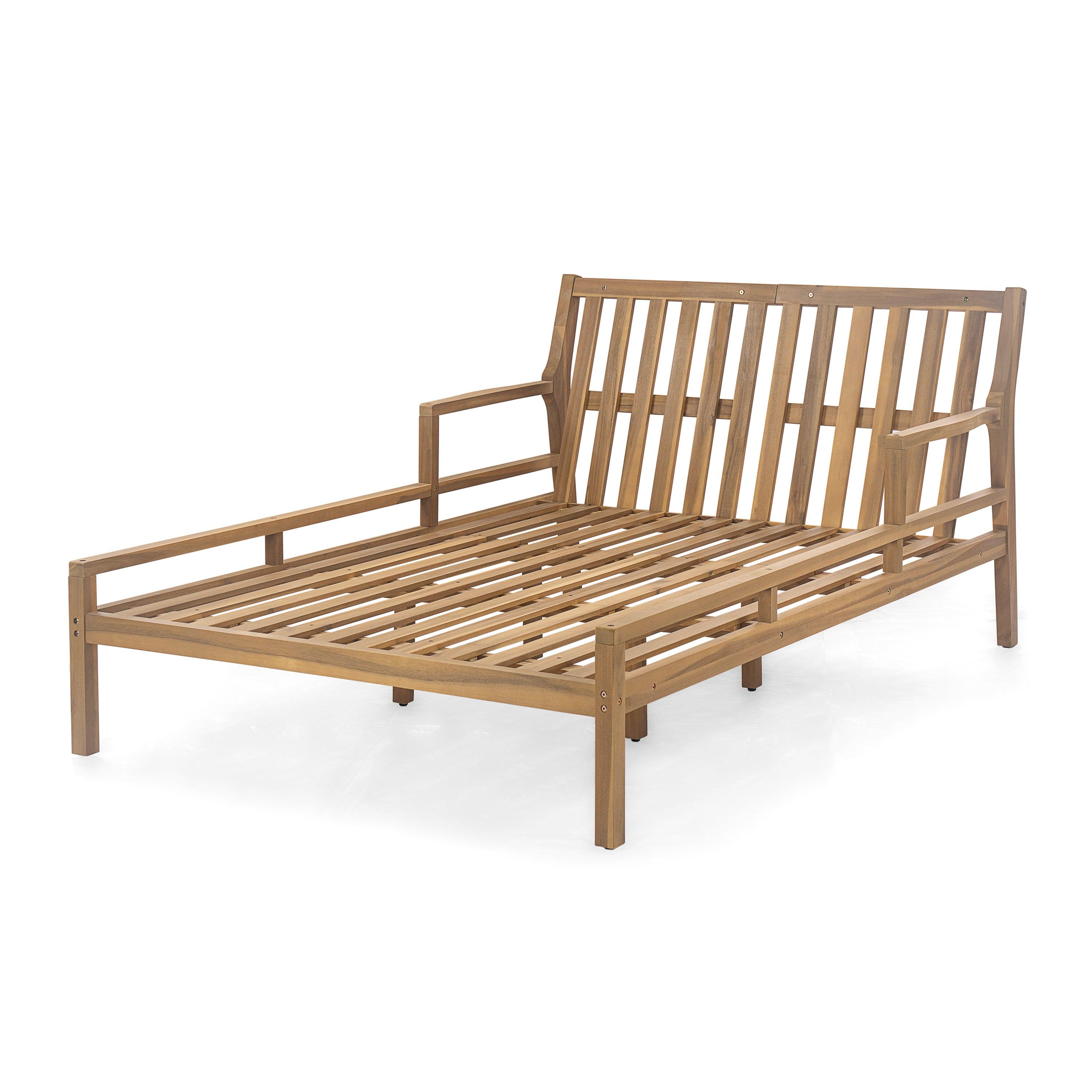 Cama de día para exterior, cama de día para patio con cuatro almohadas, cama de madera para exterior con reposabrazos curvos para piscina, patio y jardín.