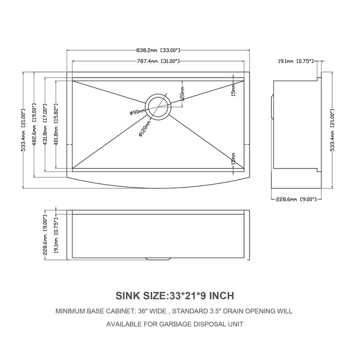 33*21*9 Inch Kitchen Sink Silver Single Bowl Kitchen Sink - ParrotUncle