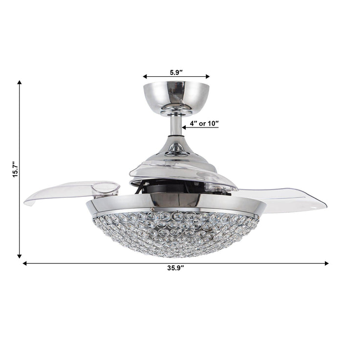 36" Brownesville Modern Chrome Downrod Mount Crystal Ceiling Fan with Lighting and Remote Control - ParrotUncle