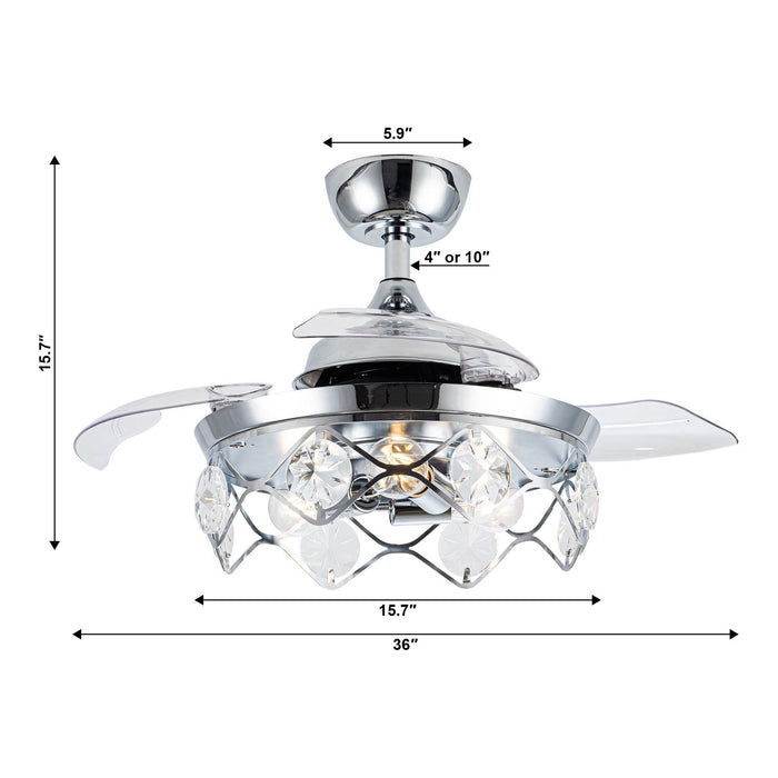 36" Broxburne Modern Chrome Flush Mount Crystal Ceiling Fan with Lighting and Remote Control - ParrotUncle