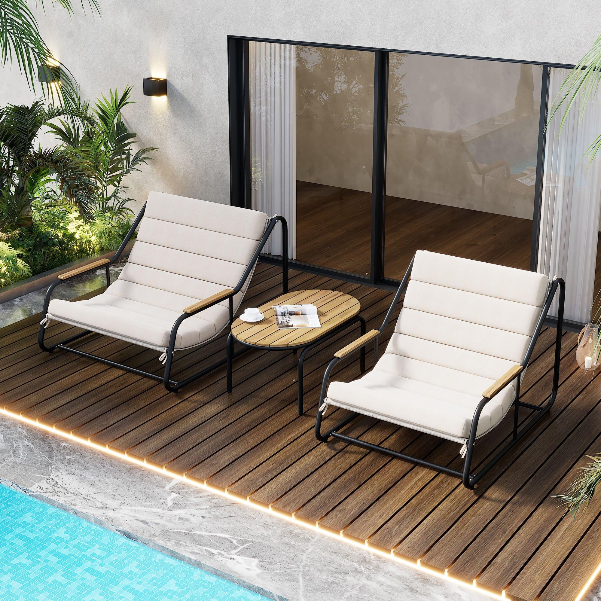 Outdoor Chaise Lounge Chairs Set of 3 with Acacia Side Table, Pool Lounge Chairs for Lawn, Deck, Beach