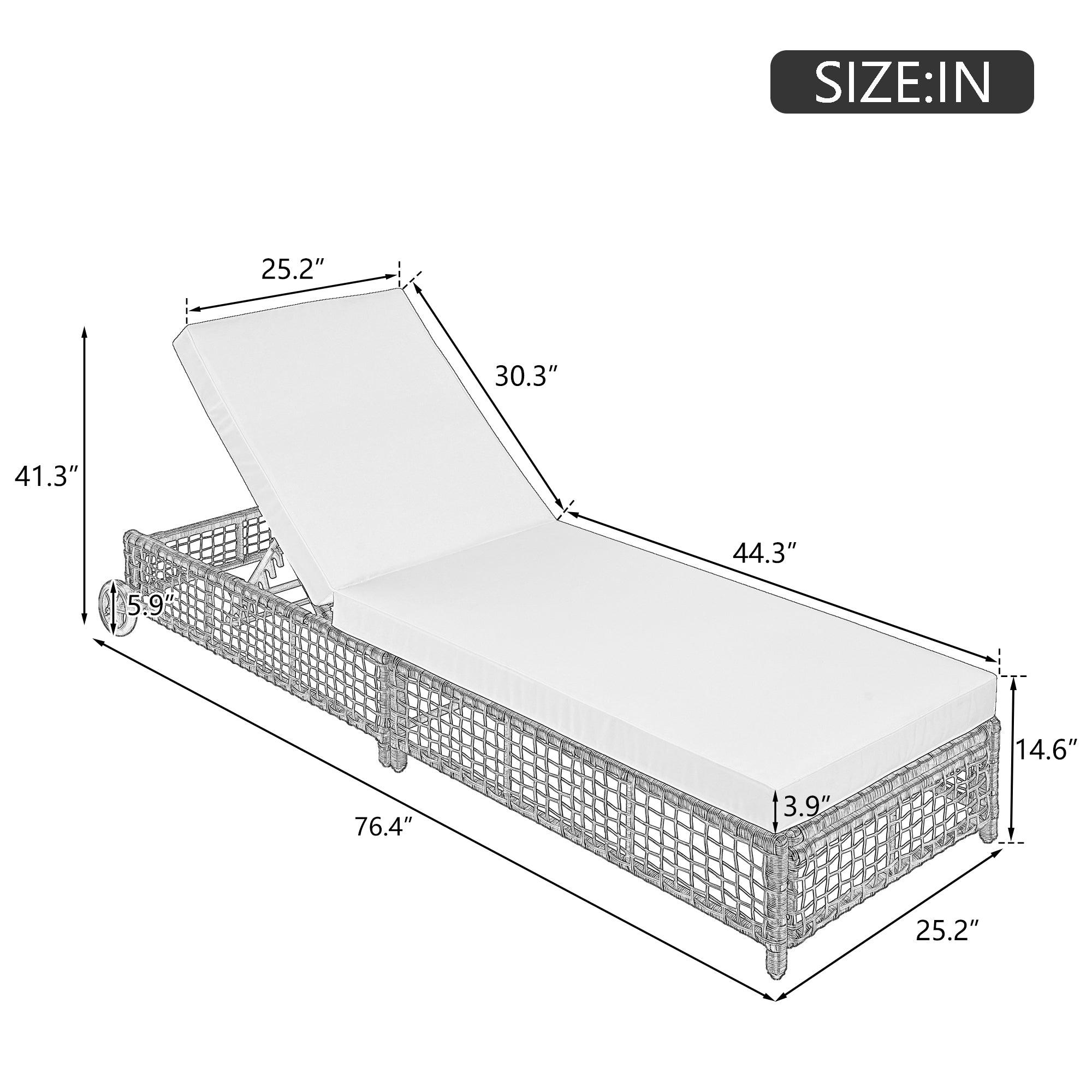 Sillón de exterior, tumbona de patio con respaldo de 5 posiciones, sillón de ratán con cojín y ruedas para piscina, patio y jardín.