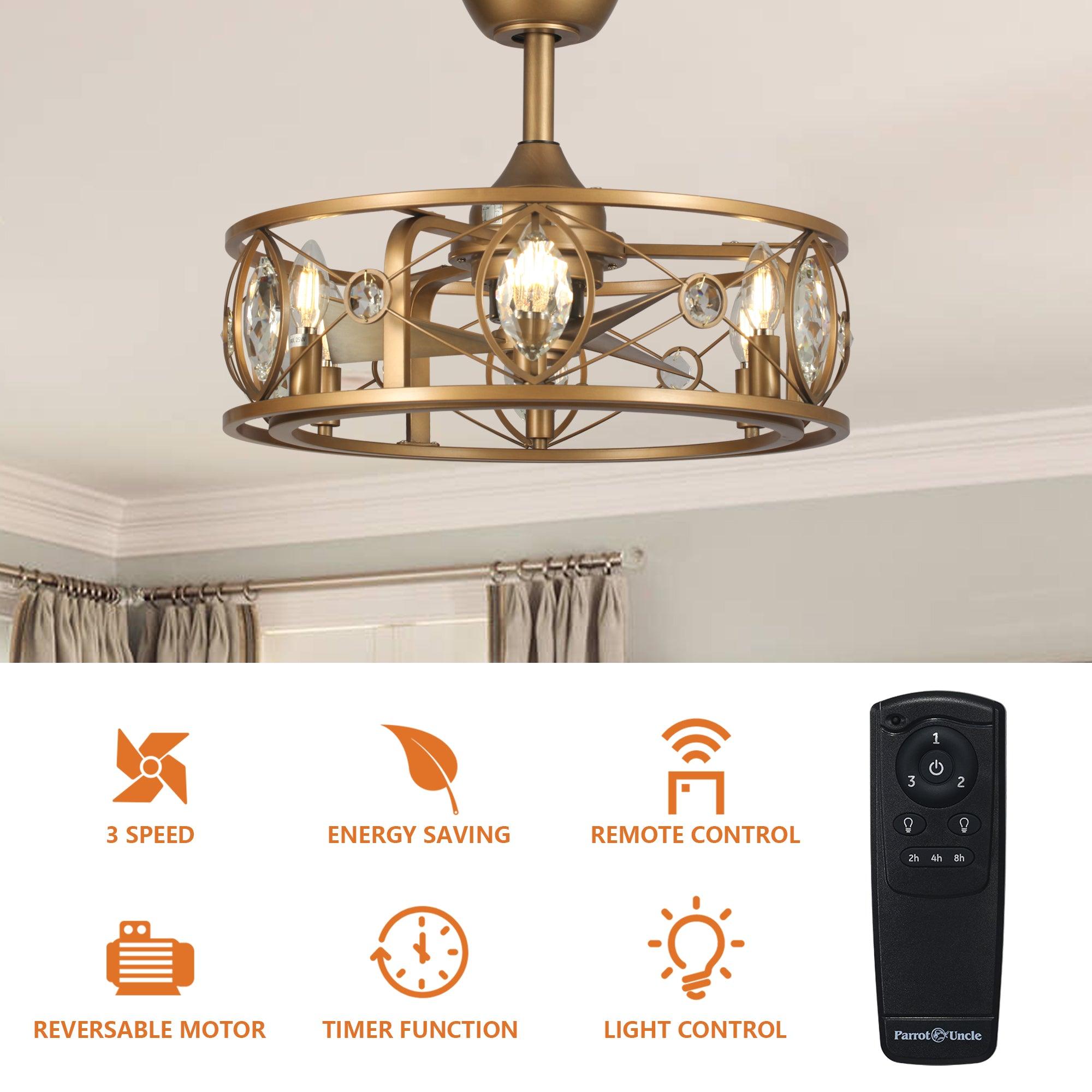 22" Kashmir Modern Glod Reversible Crystal Fandelier Ceiling Fan with Lighting and Remote Control