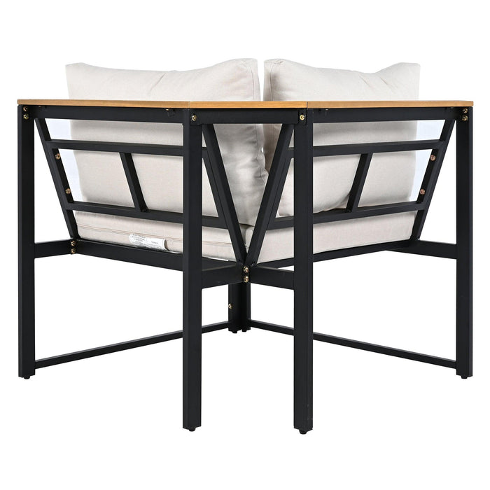 Juego de muebles de patio con sofás de dos plazas, 4 piezas de sofás de exterior con cojines impermeables, diseño duradero de hierro y madera para jardín, patio y piscina.
