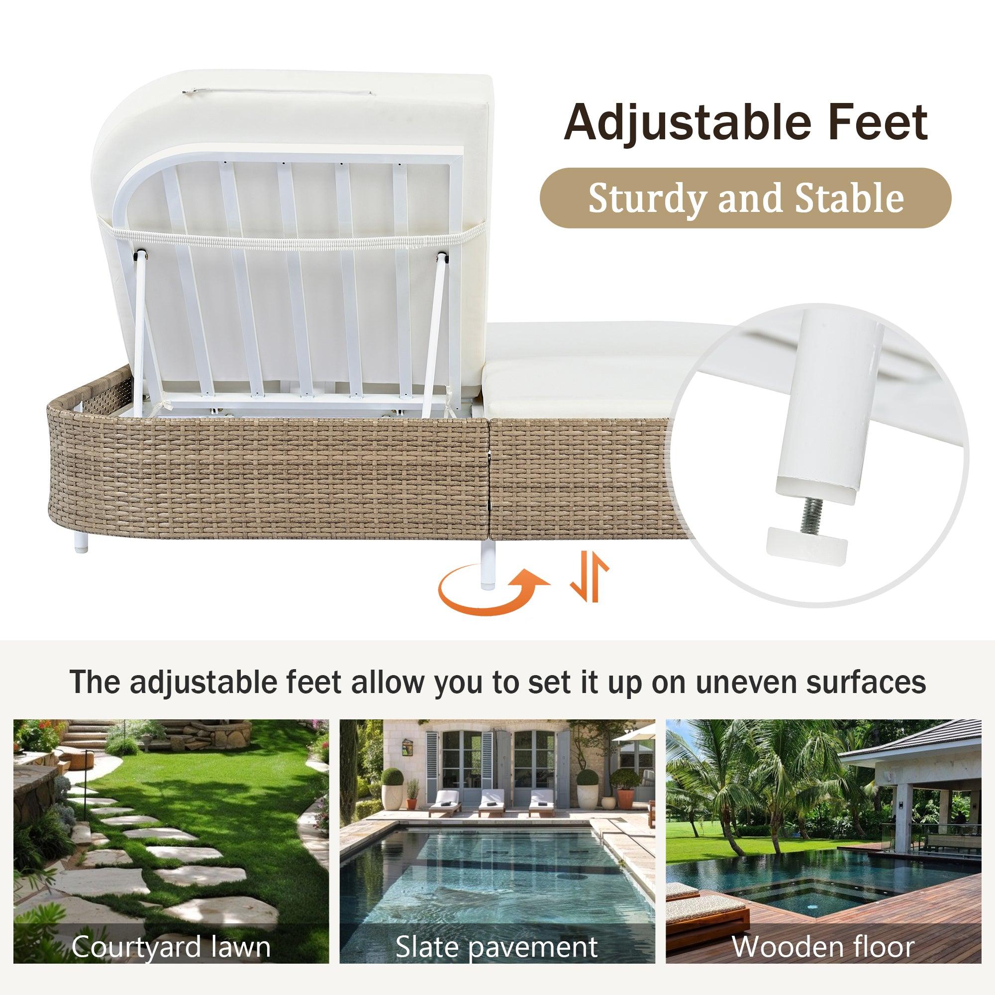Tumbona de exterior de ratán con respaldo ajustable en 5 posiciones y cojines y almohadas extraíbles para jardín, patio y piscina.