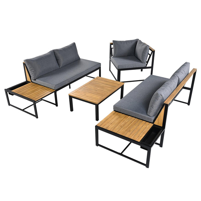 Juego de muebles de patio con sofás de dos plazas, 4 piezas de sofás de exterior con cojines impermeables, diseño duradero de hierro y madera para jardín, patio y piscina.