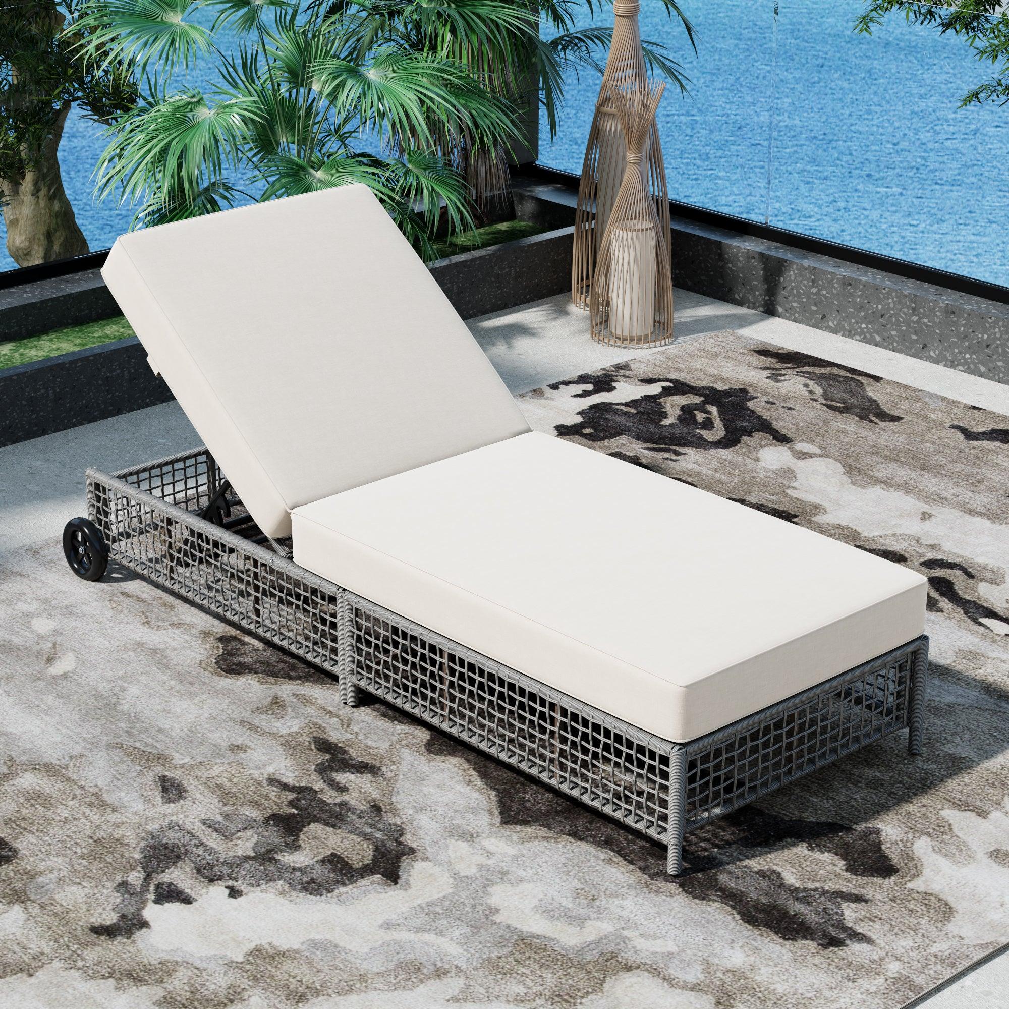Sillón de exterior, tumbona de patio con respaldo de 5 posiciones, sillón de ratán con cojín y ruedas para piscina, patio y jardín.