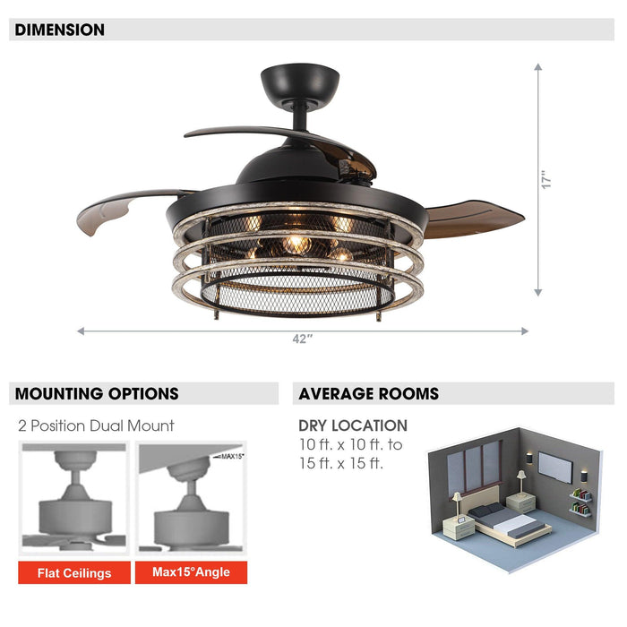 42" Industrial Downrod Mount Ceiling Fan with Lighting and Remote Control - ParrotUncle