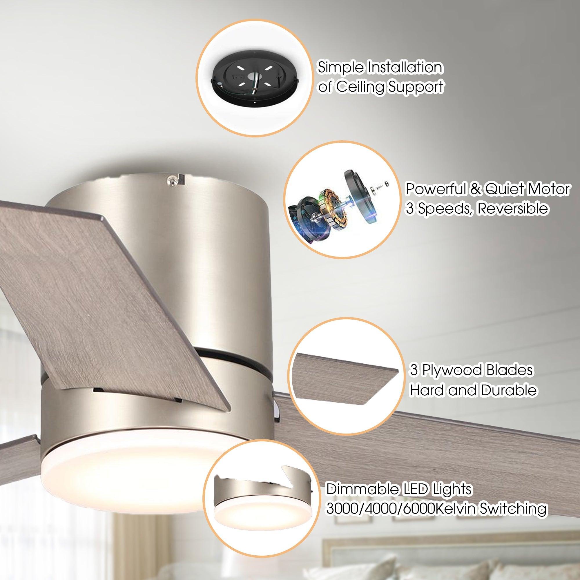 48" Modern Satin Nickel Flush Mount Reversible Ceiling Fan with Lighting and Remote Control - ParrotUncle