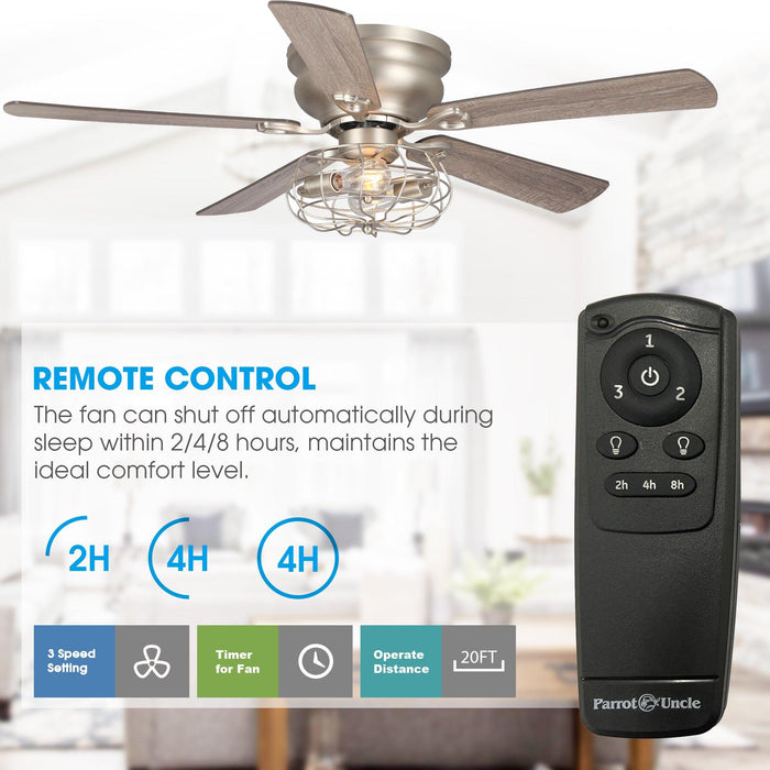 48" Thurber Industrial Satin Nickel Flush Mount Reversible Ceiling Fan with Lighting and Remote Control - ParrotUncle