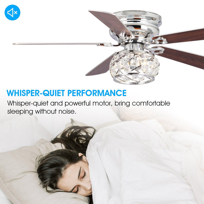 48" Traditional Chrome Flush Mount Reversible Crystal Ceiling Fan with Lighting and Remote Control - ParrotUncle
