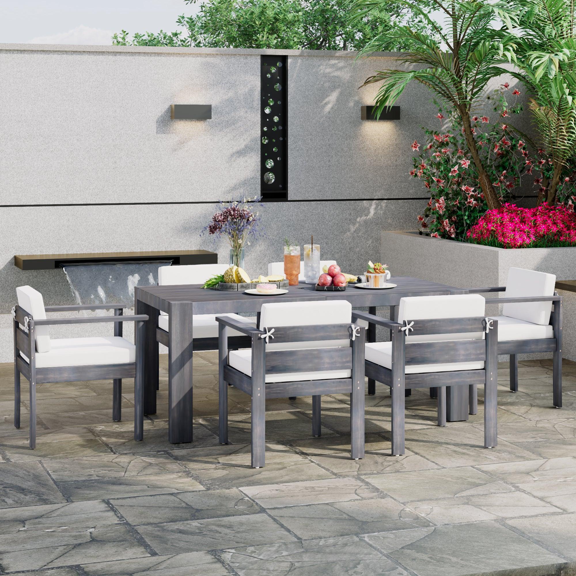 Juego de mesa y sillas de patio para exteriores de 7 piezas para 6 personas, con mesa rectangular de 183 cm y cojines extraíbles para patio, jardín y piscina.