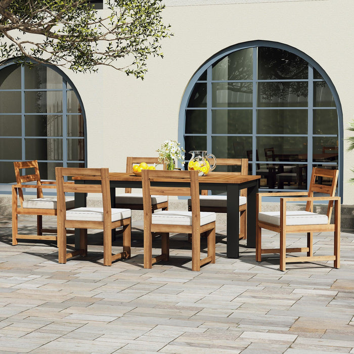 7-Piece Outdoor Patio Table and Chairs Set, Wood Dining Table Set for 6 with Umbrella Hole, 2 Armchairs & 4 Side Chairs for Garden, Backyard, Poolside