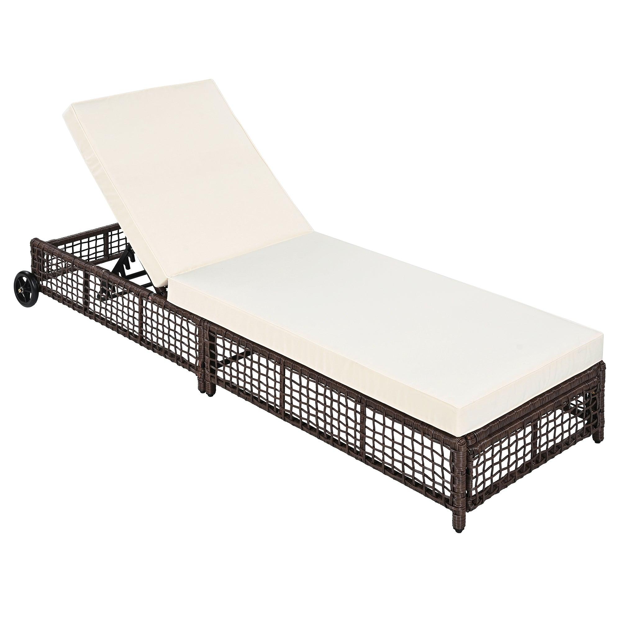 Sillón de exterior, tumbona de patio con respaldo de 5 posiciones, sillón de ratán con cojín y ruedas para piscina, patio y jardín.